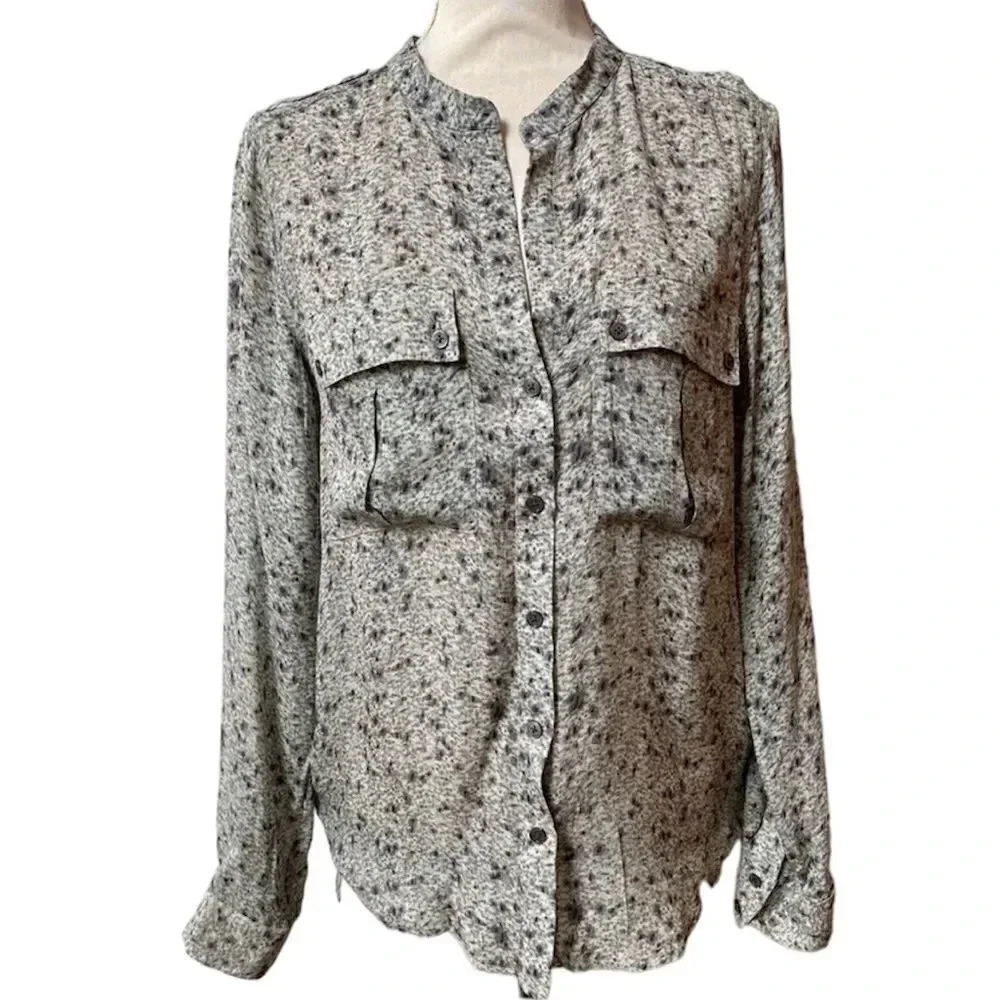 Elizabeth & James 100% Silk Utility Blouse Abstract Print Button Front Top M